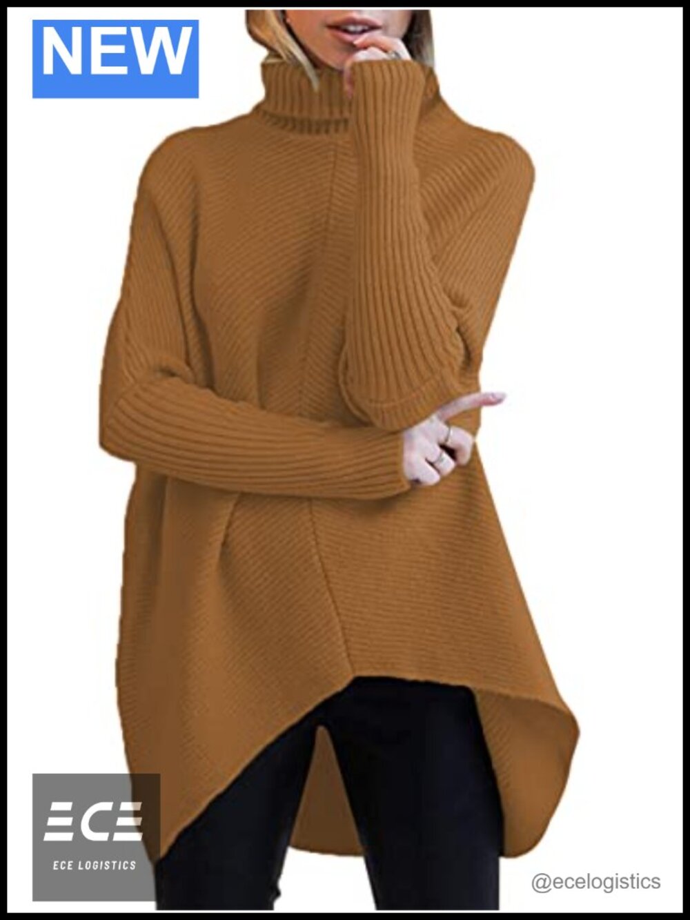 Turtleneck Long Sleeve Chunky Knit Sweater Oversized Asymmetric Hem